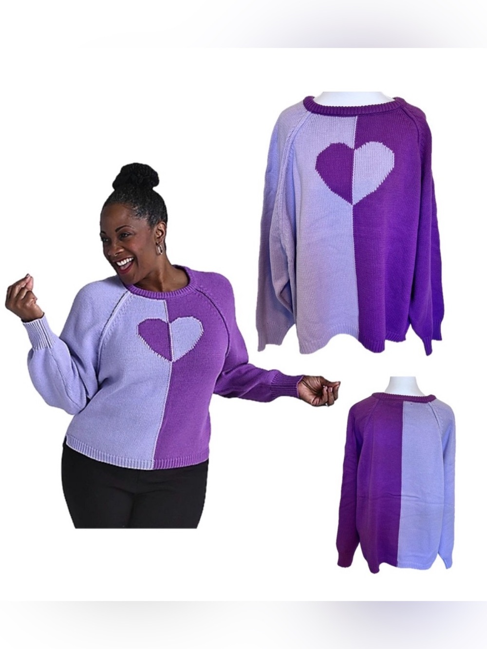 NWOT Kate & Mallory Two-Tone Purple Heart Intarsia Cotton Blend Sweater 2X